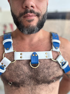 White&Blue classic bulldog leather harness