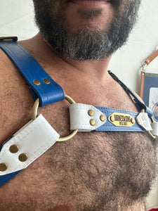 White&Blue classic bulldog leather harness