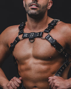 Full upper body black leather harness