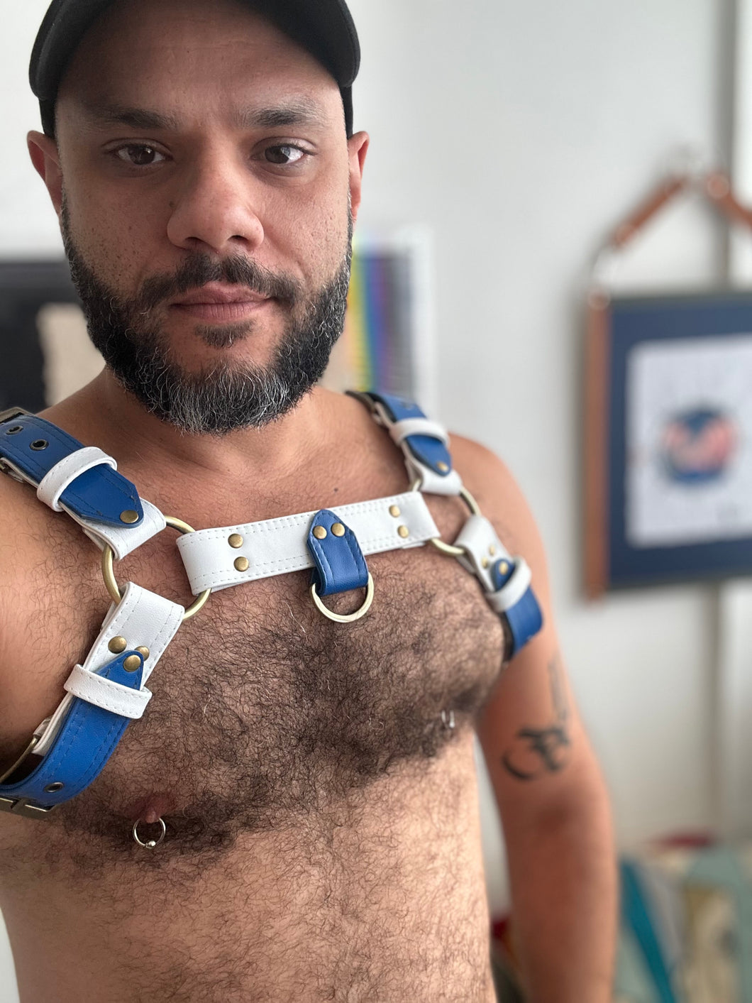 White&Blue classic bulldog leather harness